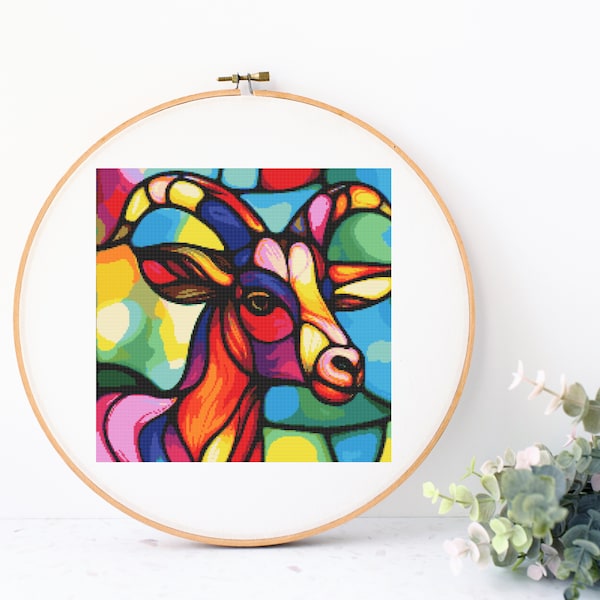 Cross stitch design “Stained Glass Goat”, PDF Pattern, Digital Download