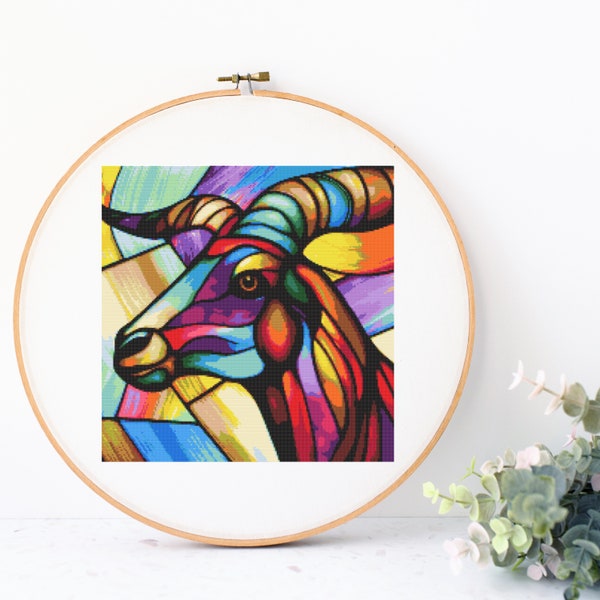 Cross stitch design “Stained Glass Goat”, PDF Pattern, Digital Download