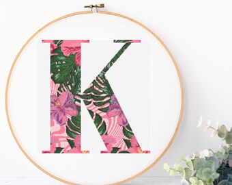 Letter K Cross stitch pattern. digital pattern. Letter K. PDF digital download instant download Cross stitch design Letter K Pink Tropical