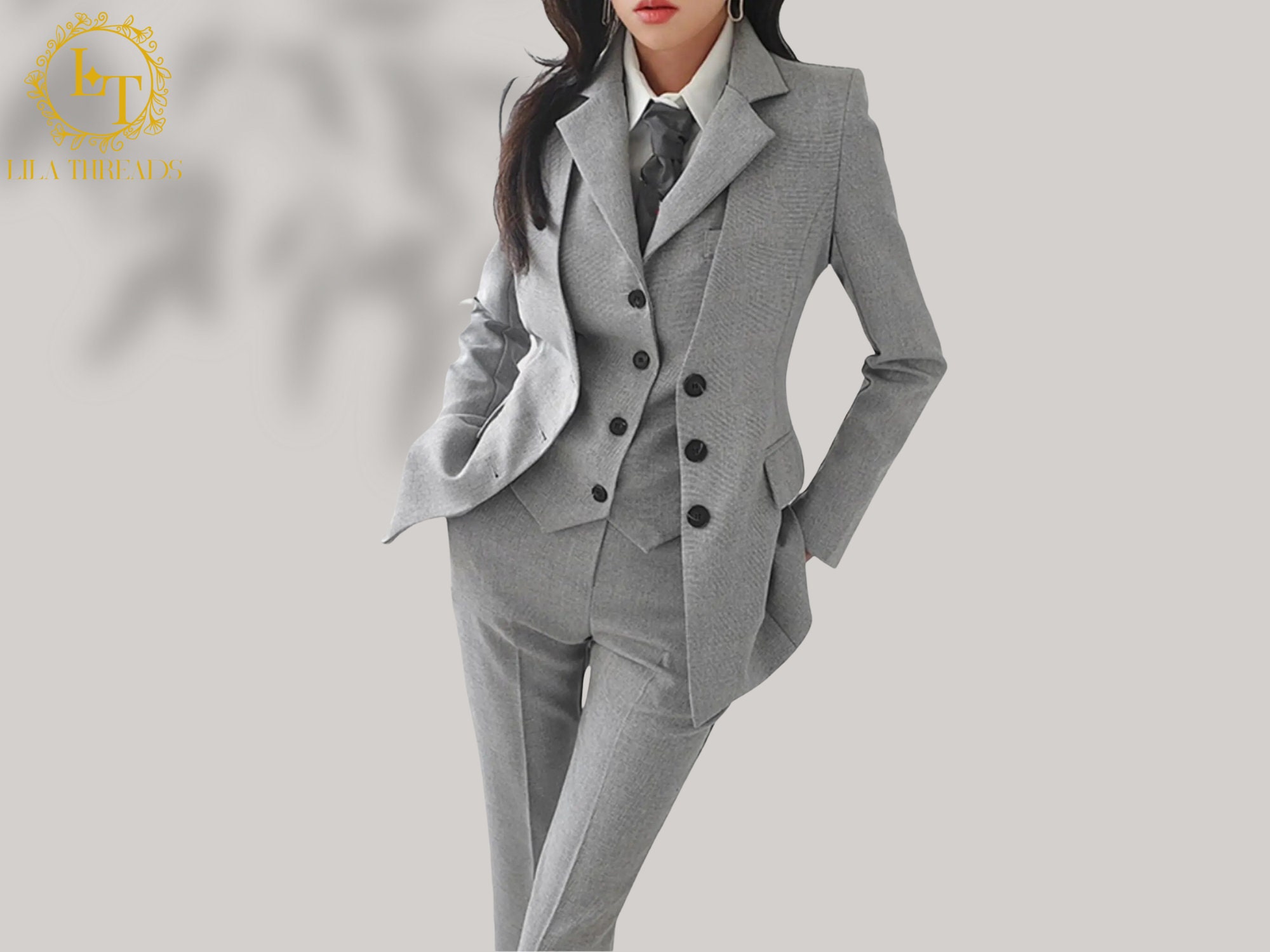 Vintage Gray Women Suits Ladies Office Work Wear 2 Pieces Business