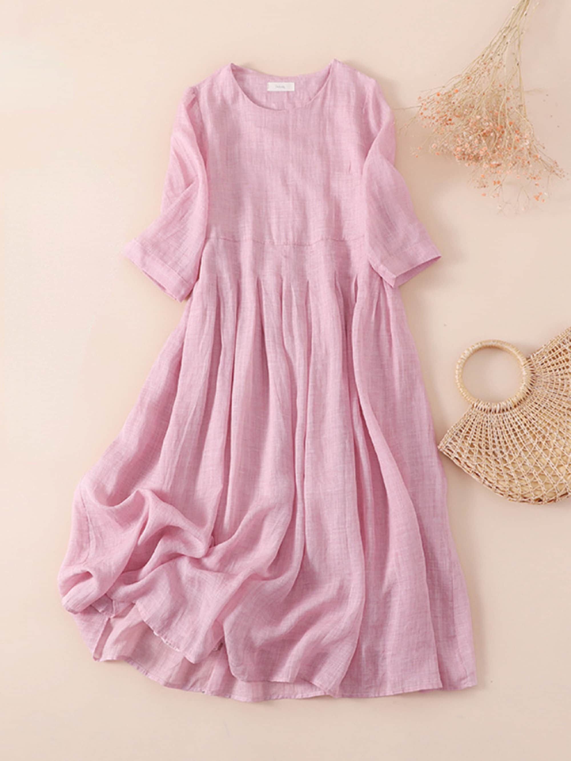 Woman Retro Loose Cotton Linen Dresses, Solid Color Mid-length High ...