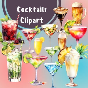 41 imágenes prediseñadas de cócteles PNG, gráficos de cócteles, paquete de imágenes prediseñadas de cócteles de acuarela, bebidas, ilustraciones de cócteles PNG, copa de cóctel de verano