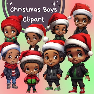 16 kerst zwarte jongens clipart, zwarte jongen PNG, vrienden, jongen illustraties, kleine jongen clipart, xmas jongen illustraties, Afro PNG, zwarte jongens kunst