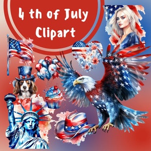 4th of July Watercolor Clipart Bundle, Independence Day Clipart, Transparent PNG, Patriotic, Card Making, Digital Download, Commercial Use