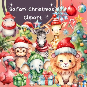 74 PNG Safari Weihnachtscliparts, niedliche Dschungeltiere PNG, Aquarell Weihnachtstiere ClipArt, Weihnachtsmütze Löwe Giraffe Elefant printable