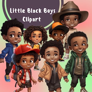 18 schwarze kleine Jungen Clipart, schwarzer Junge PNG, Freunde png, Junge Clip Art, Junge Clipart, Junge Illustrationen, Afro PNG, Schwarz Kinder png, Aufkleber png
