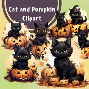 10 PNG Black Cat Pumpkin Clipart Set, Halloween Cats Craft Supplies, Commercial Use, Halloween Cat Illustrations, Cute Halloween Cat Clipart