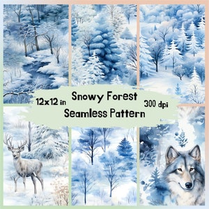 23 Modèle sans couture de forêt enneigée d’hiver d’aquarelle, papier numérique bleu de Noël, modèle imprimable, éphémères de Noël pastel, Noël fantastique
