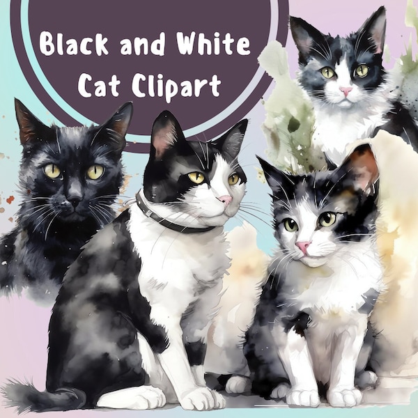 Cute Black and White Cat Clipart, Cat PNG, Watercolor Cat Clip Art, Printable Cat Art, PNG Clipart, Commercial Use, Cute Animal Clipart