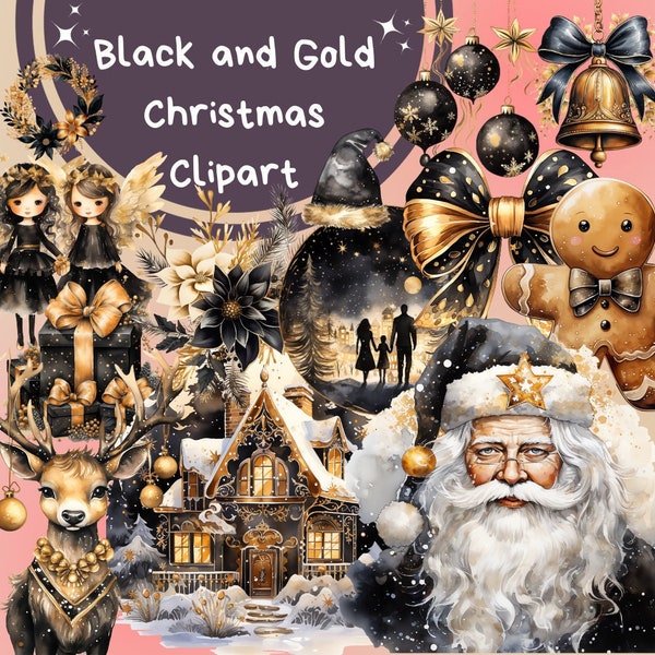 85 PNG Black & Gold Christmas Watercolor Clipart Bundle, Glam Xmas, Luxurious Christmas PNG Design Cottagecore Christmas PNG Clipart Digital