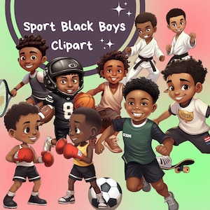 17 Sport Schwarz Jungen Clipart, Schwarzer Junge PNG, kleiner Junge spielt Fußball Fußball Basketball Tennis Clip Art, Junge Illustrationen, Afro PNG