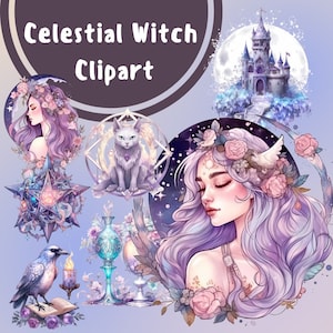 25 PNG Celestial Witch Clipart, Magic Clip Art, Witchcraft Clip Art, Commercial Use, Mystical Clipart png, Fantasy Watercolor Clipart bundle
