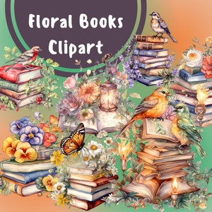 24 PNG Watercolor Floral Books Clipart, Book Bundle PNG, Book Clip Art, Commercial Use, Book and Bird Clipart,Book Lover Clipart,Stack Books