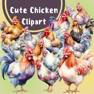 32 PNG Watercolor Chickens Clipart, Farm Animal PNG Format Instant Download for Commercial Use, Farm Clipart Cute Chickens PNG Bundle