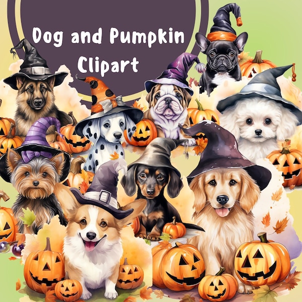 22 PNG Cute Watercolor Puppy Halloween Clipart, Witch Puppy png, Dog Breed Clipart, Pumpkin Clipart,Halloween Sticker PNG,Halloween Puppies