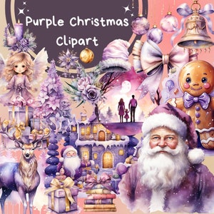 64 PNG Purple Christmas Watercolor Clipart,  Xmas, Pastel Christmas PNG Design, Santa Snowman PNG Clipart, Digital Pastel Purple Bundle