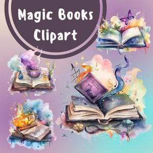 24 PNG aquarel magische boeken clipart, open boek illustraties, fantasy boek bundel, commercieel gebruik, hekserij clipart, instant digitale download