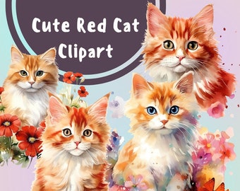 Cute Ginger Cat Watercolor Clipart, PNG (Digital Download)