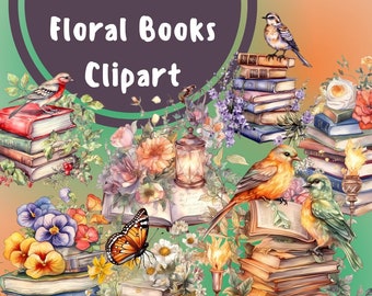 Watercolor Floral Books Clipart: Book & Bird Bundle (24 PNG)