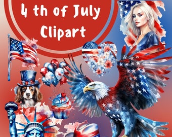 4th of July Watercolor Clipart Bundle: Patriotic PNG (Digital Download)