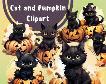 Black Cat Pumpkin Clipart Set: Halloween Illustrations (PNG Digital Download)