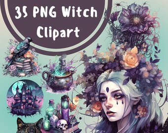 Clipart de bruja en acuarela: Gráficos PNG místicos (35 archivos) (Descarga digital)