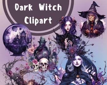 Aquarell Dark Witch Clipart: Mystisch PNG Set (Digitaler Download)