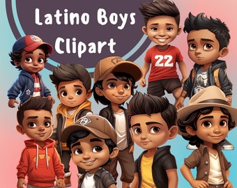 May include: Clipart illustration of eight cartoon boys with brown skin and dark hair. The boys are wearing various casual outfits, including a red shirt with the number 22, a blue and white striped shirt, a yellow shirt with a skull and crossbones, a red hoodie, a black shirt with a yellow shirt underneath, a brown shirt with a green vest, a brown shirt with a beige hat, and a brown shirt with a green vest and a brown hat.