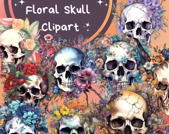 Floral Skull Watercolor Clipart: Fantasy Flower PNG Bundle (Digital Download)