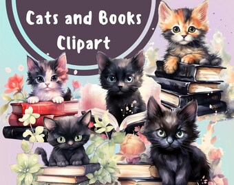 Black Cat with Books Clipart: Watercolor Kitten PNG (Digital Download)