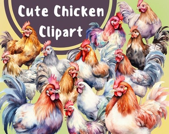 Watercolor Chickens Clipart: 32 Farm Animal PNG Bundle (Digital Download)