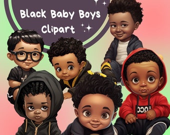 Zwarte babyjongens-clipart: aquarel afro png-illustraties (digitale download)