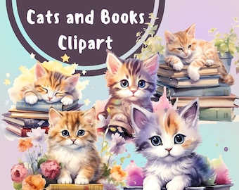 10 PNG Cute Cat with Books Clipart, Kitten Clipart, Books Instant Download,Watercolor Cat Clip Art, Instant Download Scrapbook, Paper Crafts