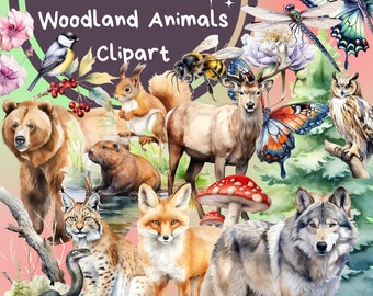 Watercolor Woodland Animals Clipart Bundle: 76 PNG Forest Creature Graphics (Digital Download)