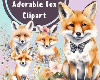 Clipart di volpe ad acquerello: adorabile cucciolo di animale in formato PNG (uso commerciale)