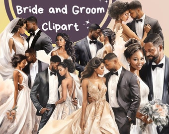 22 PNG Black Bride and Black Groom Watercolor Clipart, Wedding Illustration, Marriage Clip Art, Wedding Day png, Paper Craft, Scrapbooking