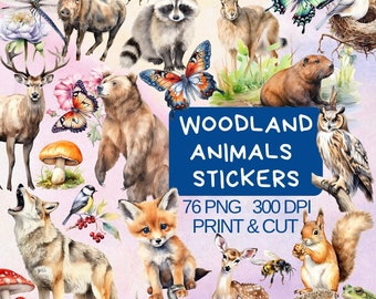 Woodland Animals PNG Bundle Stickers, Forest Animal Sticker Downloads, Digital Nature Stickers, Printable, Naturalist, Junk Journal, Cricut