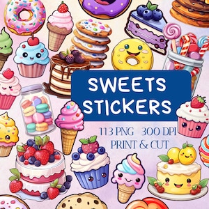 Leuke snoepjes PNG bundelstickers, stickerdownloads, digitale Kawaii voedselstickers, afdrukbare stickers, cake clipart, sticker Cricut