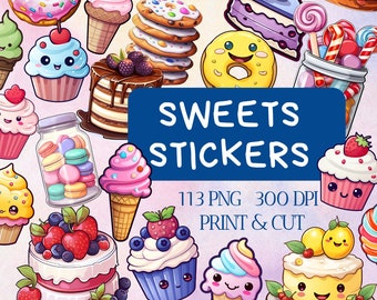 Cute Sweets PNG Bundle Stickers, Sticker Downloads, Digital Kawaii Food Stickers, Printable stickers, Cake Clipart, Sticker Cricut