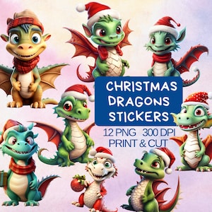Christmas Fantasy Dragon Stickers, Sticker Downloads, Christmas Digital Stickers, Printable Stickers, Santa Hat Dragon Cricut Sticker PNG