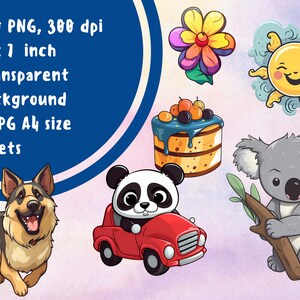 Pode incluir: Um conjunto de 100 ilustra&ccedil;&otilde;es digitais com uma variedade de personagens de desenhos animados fofos, incluindo um panda em um carro vermelho, um coala segurando um galho, um pastor alem&atilde;o, um sol sorridente, uma flor e um bolo com cobertura azul. As ilustra&ccedil;&otilde;es medem 2,5 cm por 2,5 cm e t&ecirc;m um fundo transparente.