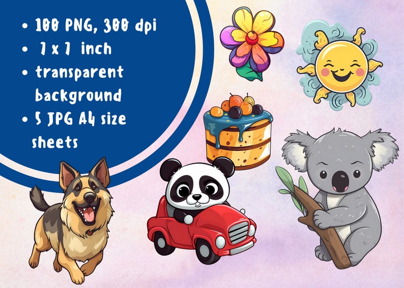 Pode incluir: Um conjunto de 100 ilustra&ccedil;&otilde;es digitais com uma variedade de personagens de desenhos animados fofos, incluindo um panda em um carro vermelho, um coala segurando um galho, um pastor alem&atilde;o, um sol sorridente, uma flor e um bolo com cobertura azul. As ilustra&ccedil;&otilde;es medem 2,5 cm por 2,5 cm e t&ecirc;m um fundo transparente.