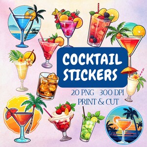Téléchargements d'autocollant de Cocktail d'été, 20 boissons d'été PNG, Clipart de Cocktail, verre de Cocktails, autocollants imprimables, autocollants de conception, autocollant Cricut