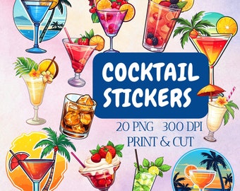 May include: A set of 20 printable cocktail stickers, perfect for adding a fun touch to your drinks. The stickers feature a variety of colorful cocktails, including margaritas, daiquiris, and mojitos. The stickers are 300 DPI and ready to print and cut.