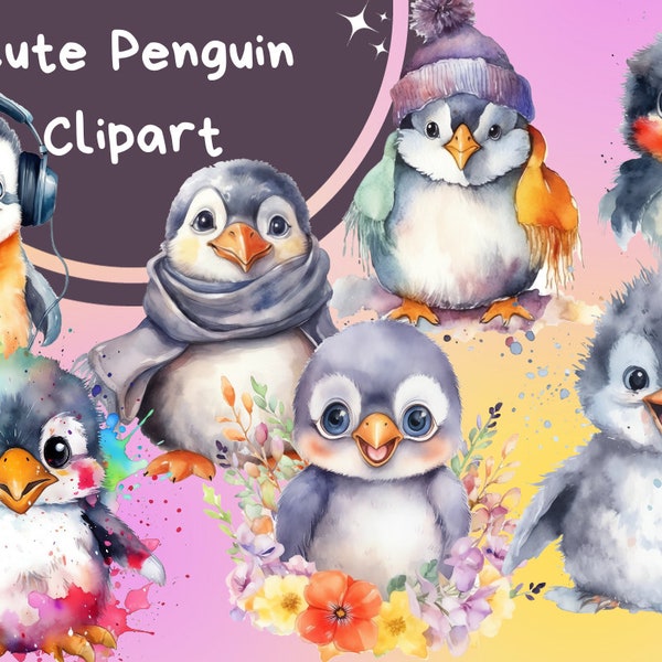 Cute Watercolor Penguins Clipart,  Penguin png, Penguin Bundle, Digital Illustration Bundle, Digital Crafting, Commercial Use, Cute Penguin