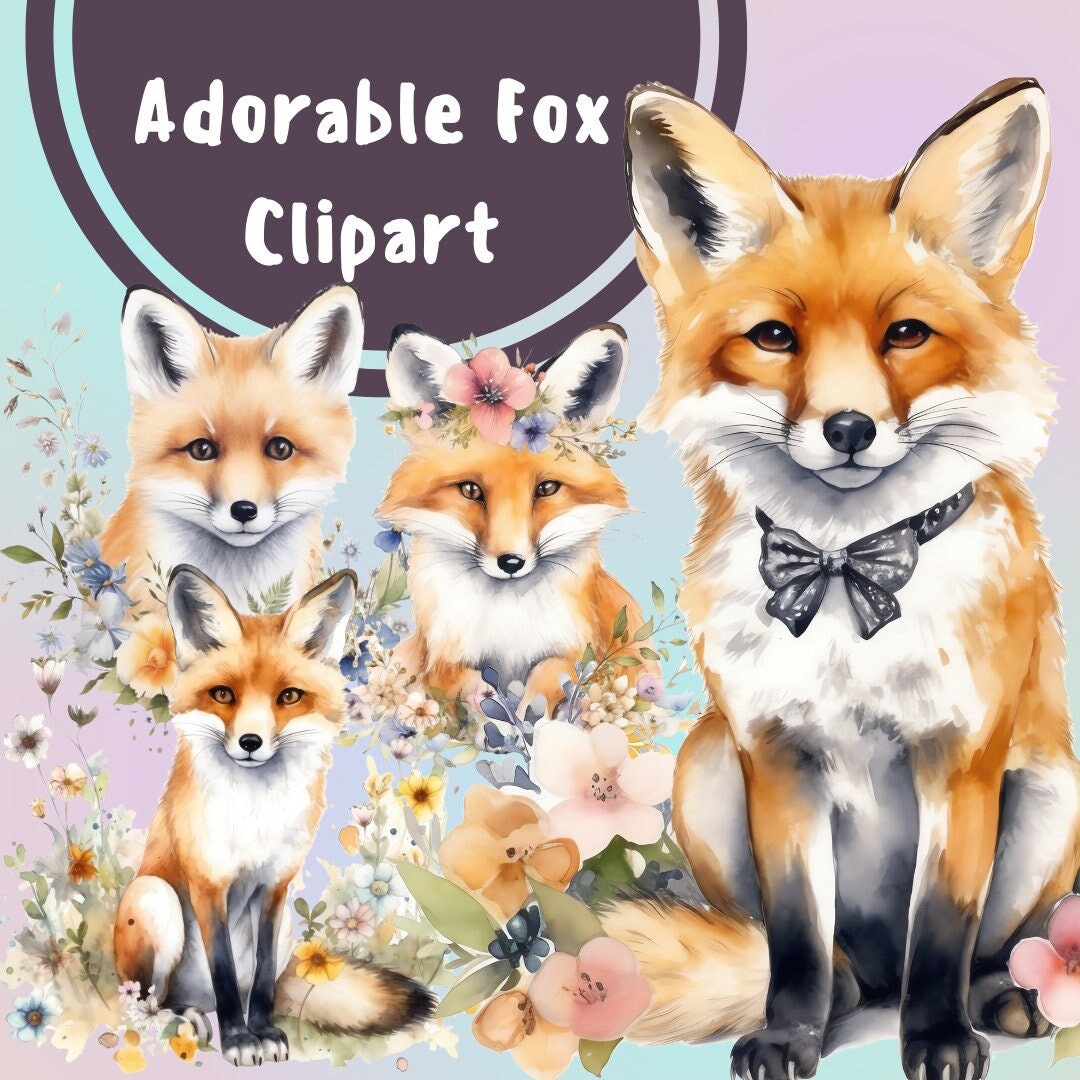 6 PNG Adorable Watercolor Fox Clipart, Fox PNG, Baby Fox Clip Art