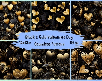 Black Gold Valentine's Day Seamless Pattern, Valentine Digital Paper, Valentines Themed, Romantic Valentine Love, Hearts Texture Background
