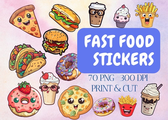70 Cute Fast Food Stickers, PNG Bundle (Digital Download)