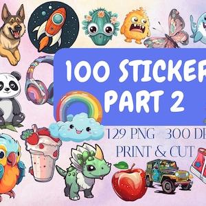May include: A set of 129 colorful cartoon stickers, perfect for adding a fun touch to your crafts, journals, and more. The stickers are 300 DPI and ready to print and cut.  The set includes a variety of designs, including animals, food, and objects.
