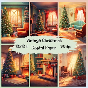 Printable Vintage Christmas Holiday Scenes Digital Paper, Christmas Interior Background, Backdrop, Download Scrapbooking, Junk Journal, Card